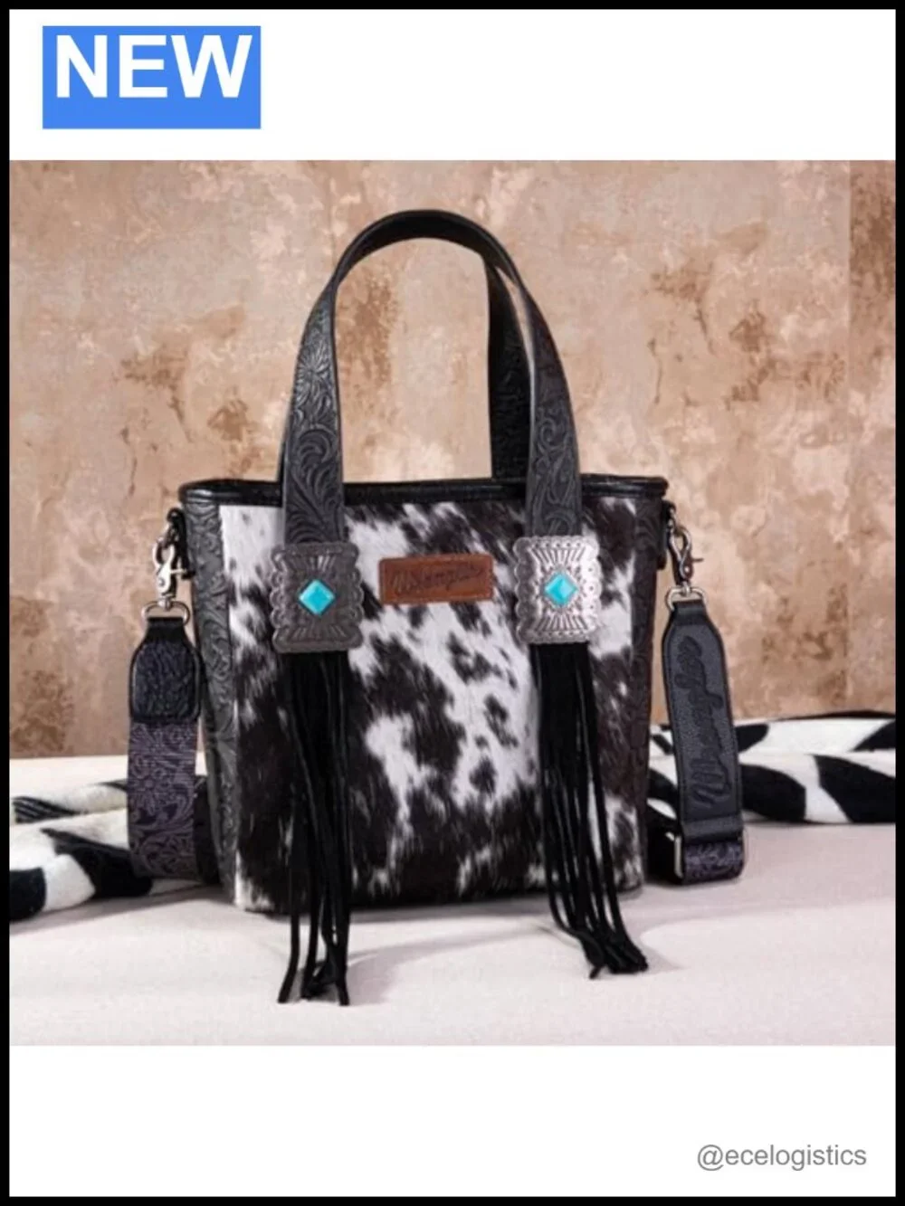 Genuine Hair-On Cowhide Tote Bag with Wristlet Wallet Set Western Floral Tooling